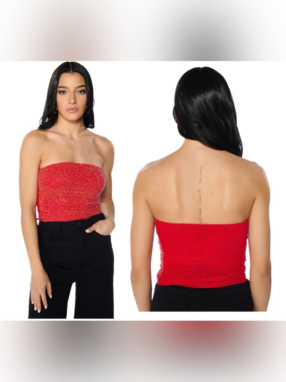 AKIRA Material girl Strapless Red rhinestone embellished Sparkle Tube Top Sz L